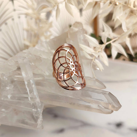 Rose Gold Brass Flower Of Life Adjustable Ring