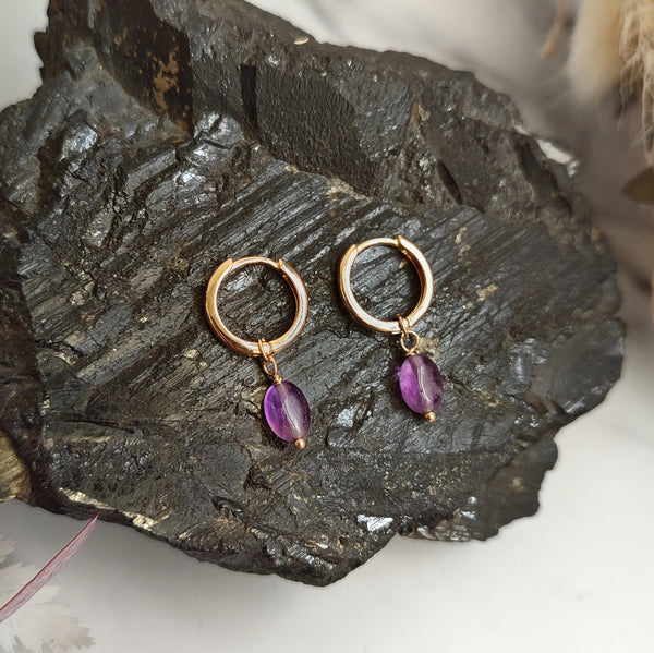 Amethyst Charm Gold Plated Hoops Earrings