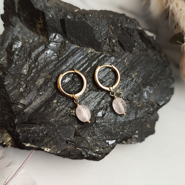 Rose Quartz Charm Gold Plated Hoops Earrings