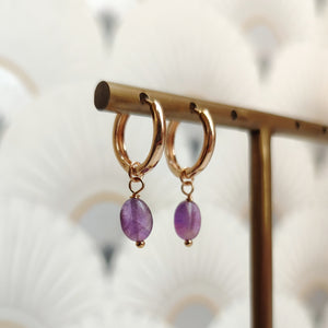 Amethyst Charm Gold Plated Hoops Earrings