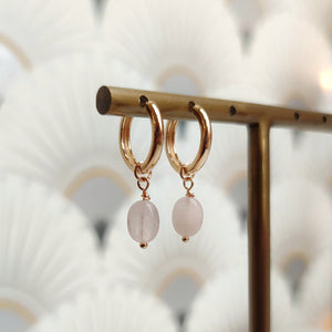 Rose Quartz Charm Gold Plated Hoops Earrings